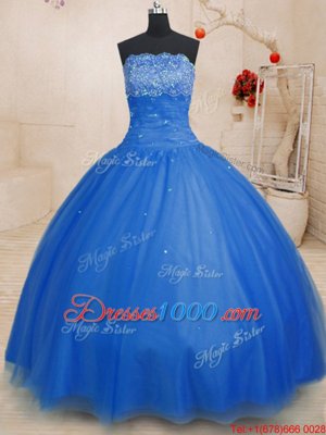 Blue Sleeveless Beading Floor Length Sweet 16 Quinceanera Dress