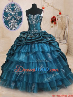 Classical Sweetheart Sleeveless Organza and Taffeta Sweet 16 Quinceanera Dress Beading and Appliques and Ruffled Layers and Pick Ups Sweep Train Lace Up