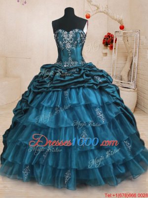 Classical Sweetheart Sleeveless Organza and Taffeta Sweet 16 Quinceanera Dress Beading and Appliques and Ruffled Layers and Pick Ups Sweep Train Lace Up