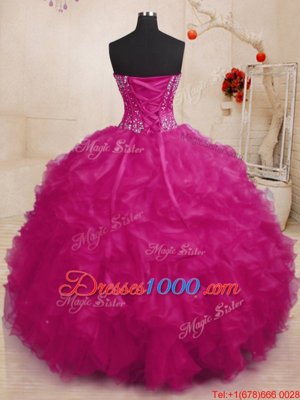 Fuchsia Lace Up Sweetheart Beading and Ruffles 15th Birthday Dress Organza Sleeveless