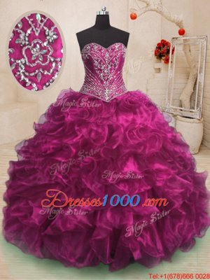 Sleeveless Organza With Train Sweep Train Lace Up Sweet 16 Dresses in Fuchsia for with Beading and Ruffles