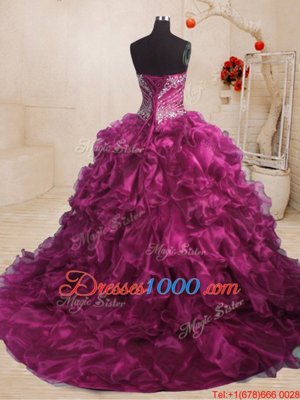 Sleeveless Organza With Train Sweep Train Lace Up Sweet 16 Dresses in Fuchsia for with Beading and Ruffles