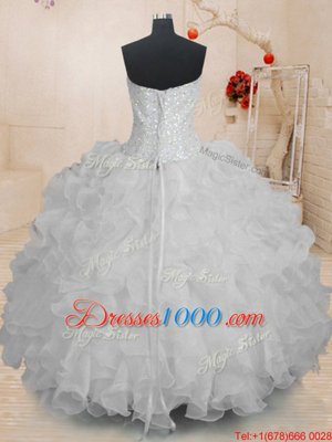 Custom Design Sweetheart Sleeveless Quince Ball Gowns Floor Length Beading and Ruffles White Organza