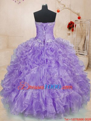 Cute Lavender Lace Up Sweetheart Beading and Ruffles Sweet 16 Dresses Organza Sleeveless