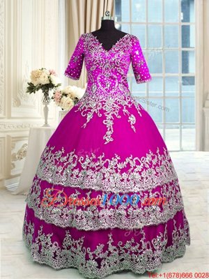 Dramatic Ruffled V-neck Half Sleeves Zipper Sweet 16 Dress Fuchsia Tulle