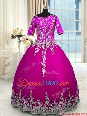 Dramatic Ruffled V-neck Half Sleeves Zipper Sweet 16 Dress Fuchsia Tulle