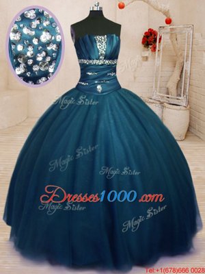 Custom Designed Floor Length Lace Up Vestidos de Quinceanera Navy Blue and In for Military Ball and Sweet 16 and Quinceanera with Beading