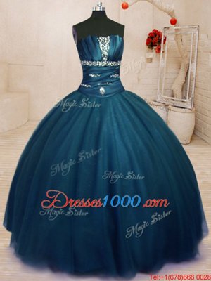 Custom Designed Floor Length Lace Up Vestidos de Quinceanera Navy Blue and In for Military Ball and Sweet 16 and Quinceanera with Beading
