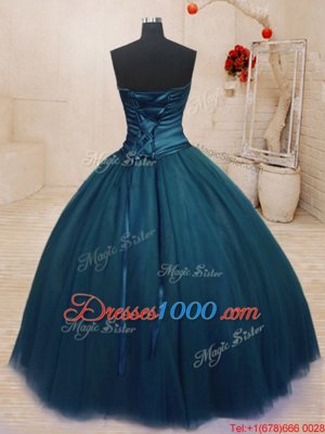 Custom Designed Floor Length Lace Up Vestidos de Quinceanera Navy Blue and In for Military Ball and Sweet 16 and Quinceanera with Beading