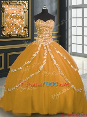 Gold Lace Up 15th Birthday Dress Beading and Appliques Sleeveless With Brush Train