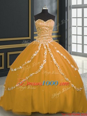 Gold Lace Up 15th Birthday Dress Beading and Appliques Sleeveless With Brush Train