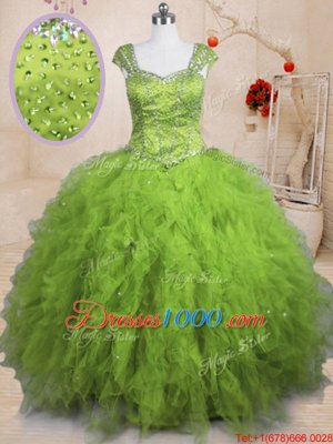 Fashionable Olive Green Short Sleeves Beading and Ruffles Floor Length Quinceanera Gown