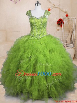 Fashionable Olive Green Short Sleeves Beading and Ruffles Floor Length Quinceanera Gown