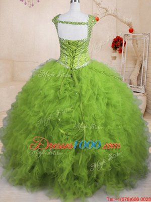 Fashionable Olive Green Short Sleeves Beading and Ruffles Floor Length Quinceanera Gown