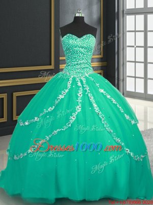 Tulle Sweetheart Sleeveless Brush Train Lace Up Beading and Appliques Ball Gown Prom Dress in Turquoise