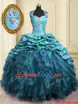 High Quality Cap Sleeves Organza and Taffeta With Brush Train Lace Up Sweet 16 Quinceanera Dress in Teal for with Beading and Ruffles and Pick Ups