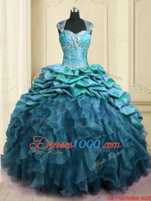 High Quality Cap Sleeves Organza and Taffeta With Brush Train Lace Up Sweet 16 Quinceanera Dress in Teal for with Beading and Ruffles and Pick Ups