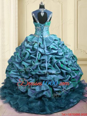 High Quality Cap Sleeves Organza and Taffeta With Brush Train Lace Up Sweet 16 Quinceanera Dress in Teal for with Beading and Ruffles and Pick Ups