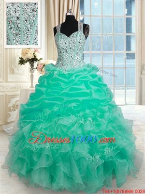 Turquoise Ball Gowns Straps Sleeveless Organza Floor Length Zipper Beading and Ruffles Quince Ball Gowns