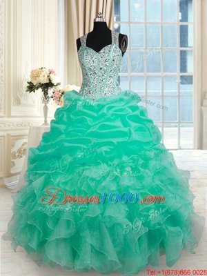 Turquoise Ball Gowns Straps Sleeveless Organza Floor Length Zipper Beading and Ruffles Quince Ball Gowns