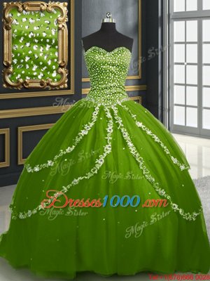 Cheap With Train Olive Green Quince Ball Gowns Tulle Brush Train Sleeveless Beading and Appliques