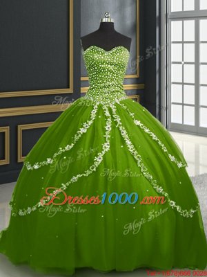 Cheap With Train Olive Green Quince Ball Gowns Tulle Brush Train Sleeveless Beading and Appliques