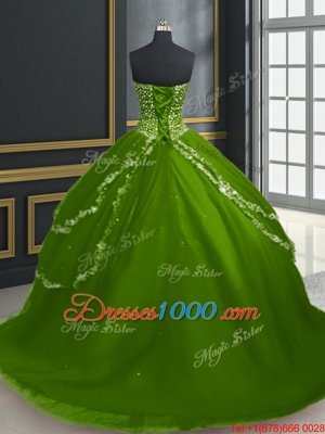 Cheap With Train Olive Green Quince Ball Gowns Tulle Brush Train Sleeveless Beading and Appliques