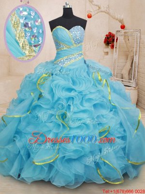Baby Blue Lace Up 15 Quinceanera Dress Beading and Ruffles Sleeveless With Brush Train