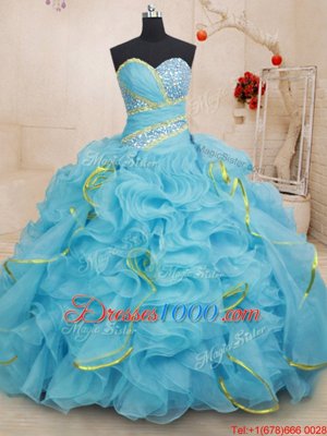 Baby Blue Lace Up 15 Quinceanera Dress Beading and Ruffles Sleeveless With Brush Train