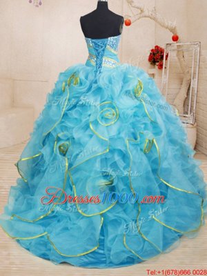 Baby Blue Lace Up 15 Quinceanera Dress Beading and Ruffles Sleeveless With Brush Train