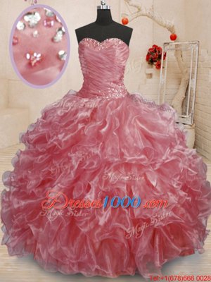 Fashionable Watermelon Red Ball Gowns Organza Sweetheart Sleeveless Beading and Ruffles Floor Length Lace Up Vestidos de Quinceanera