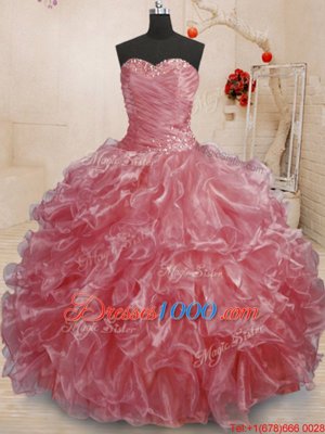 Fashionable Watermelon Red Ball Gowns Organza Sweetheart Sleeveless Beading and Ruffles Floor Length Lace Up Vestidos de Quinceanera