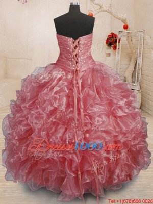 Fashionable Watermelon Red Ball Gowns Organza Sweetheart Sleeveless Beading and Ruffles Floor Length Lace Up Vestidos de Quinceanera