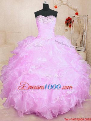 Lilac Ball Gowns Organza Sweetheart Sleeveless Beading and Ruffles Floor Length Lace Up Sweet 16 Quinceanera Dress