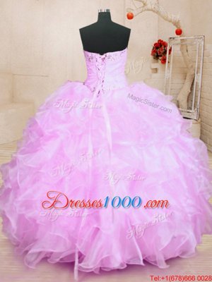 Lilac Ball Gowns Organza Sweetheart Sleeveless Beading and Ruffles Floor Length Lace Up Sweet 16 Quinceanera Dress