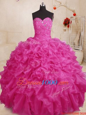 Sweetheart Sleeveless Ball Gown Prom Dress Floor Length Beading and Ruffles Hot Pink Organza