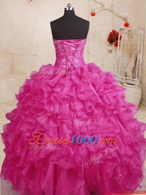 Sweetheart Sleeveless Ball Gown Prom Dress Floor Length Beading and Ruffles Hot Pink Organza