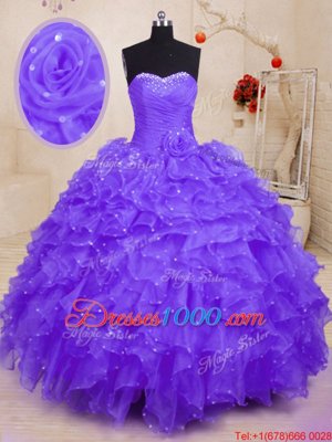 Sleeveless Organza Floor Length Lace Up Quinceanera Dresses in Purple for with Beading and Ruffles and Hand Made Flower