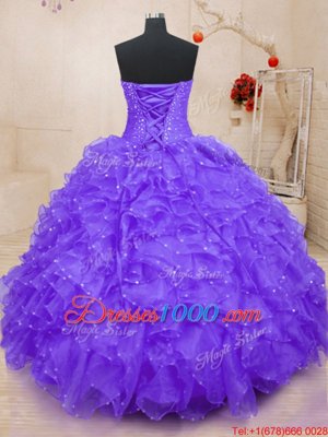 Sleeveless Organza Floor Length Lace Up Quinceanera Dresses in Purple for with Beading and Ruffles and Hand Made Flower