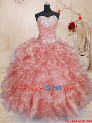 Watermelon Red Sleeveless Floor Length Beading and Ruffles Lace Up Sweet 16 Dresses