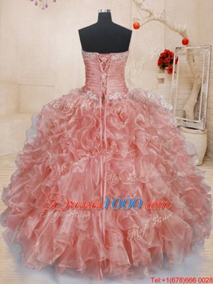 Watermelon Red Sleeveless Floor Length Beading and Ruffles Lace Up Sweet 16 Dresses