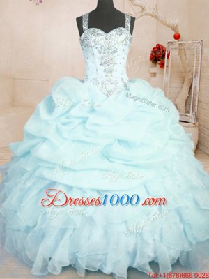 Super Light Blue Ball Gowns Straps Sleeveless Organza Floor Length Zipper Beading and Ruffles and Pick Ups Quinceanera Dress