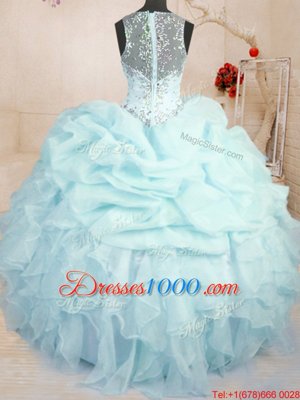 Super Light Blue Ball Gowns Straps Sleeveless Organza Floor Length Zipper Beading and Ruffles and Pick Ups Quinceanera Dress
