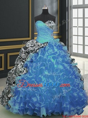 Enchanting Printed Sleeveless Brush Train Beading and Ruffles and Pattern Lace Up Quinceanera Dresses
