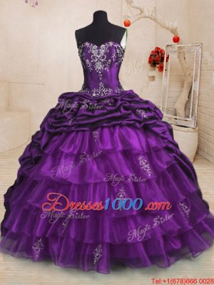 Purple Organza and Taffeta Lace Up Sweetheart Sleeveless With Train Sweet 16 Quinceanera Dress Sweep Train Beading and Appliques and Ruffled Layers and Pick Ups
