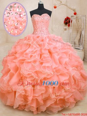 Flare Sleeveless Lace Up Floor Length Beading and Ruffles Ball Gown Prom Dress