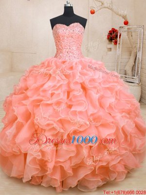 Flare Sleeveless Lace Up Floor Length Beading and Ruffles Ball Gown Prom Dress