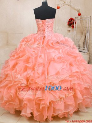 Flare Sleeveless Lace Up Floor Length Beading and Ruffles Ball Gown Prom Dress