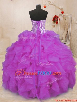 Modern Purple Sleeveless Organza Lace Up Quinceanera Dresses for Military Ball and Sweet 16 and Quinceanera