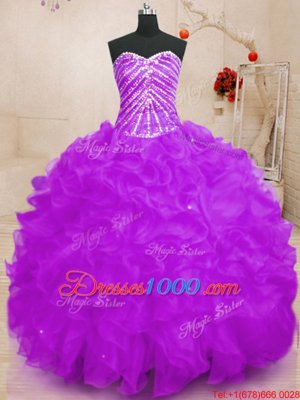 High Quality Sequins Purple Sleeveless Organza Lace Up Sweet 16 Dress for Sweet 16 and Quinceanera